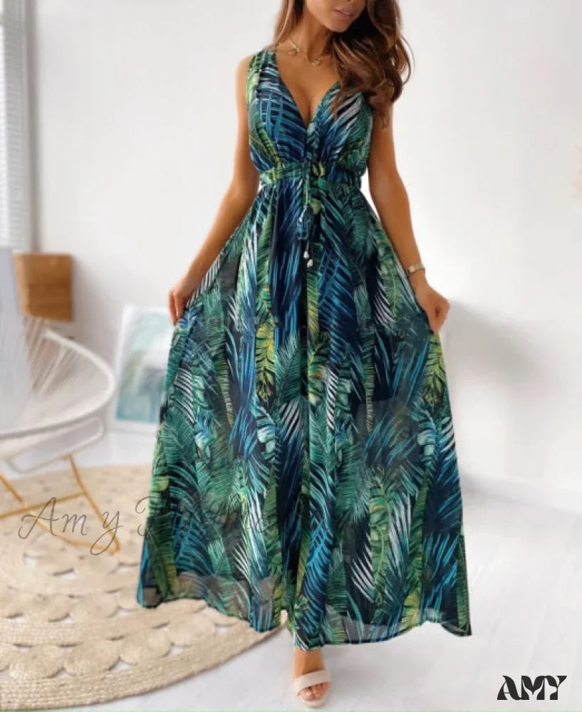 Amy Fashion - Sexy Deep V-Neck Ankle-Length Beach Party Dress - Image 4