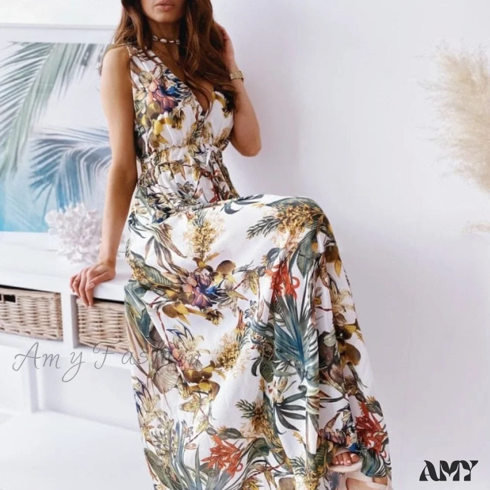 Amy Fashion - Sexy Deep V-Neck Ankle-Length Beach Party Dress - Image 5