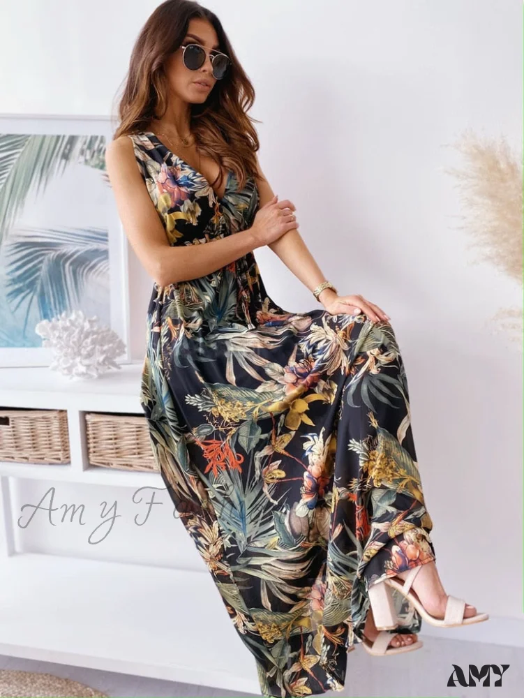 Amy Fashion - Sexy Deep V-Neck Ankle-Length Beach Party Dress - Image 8