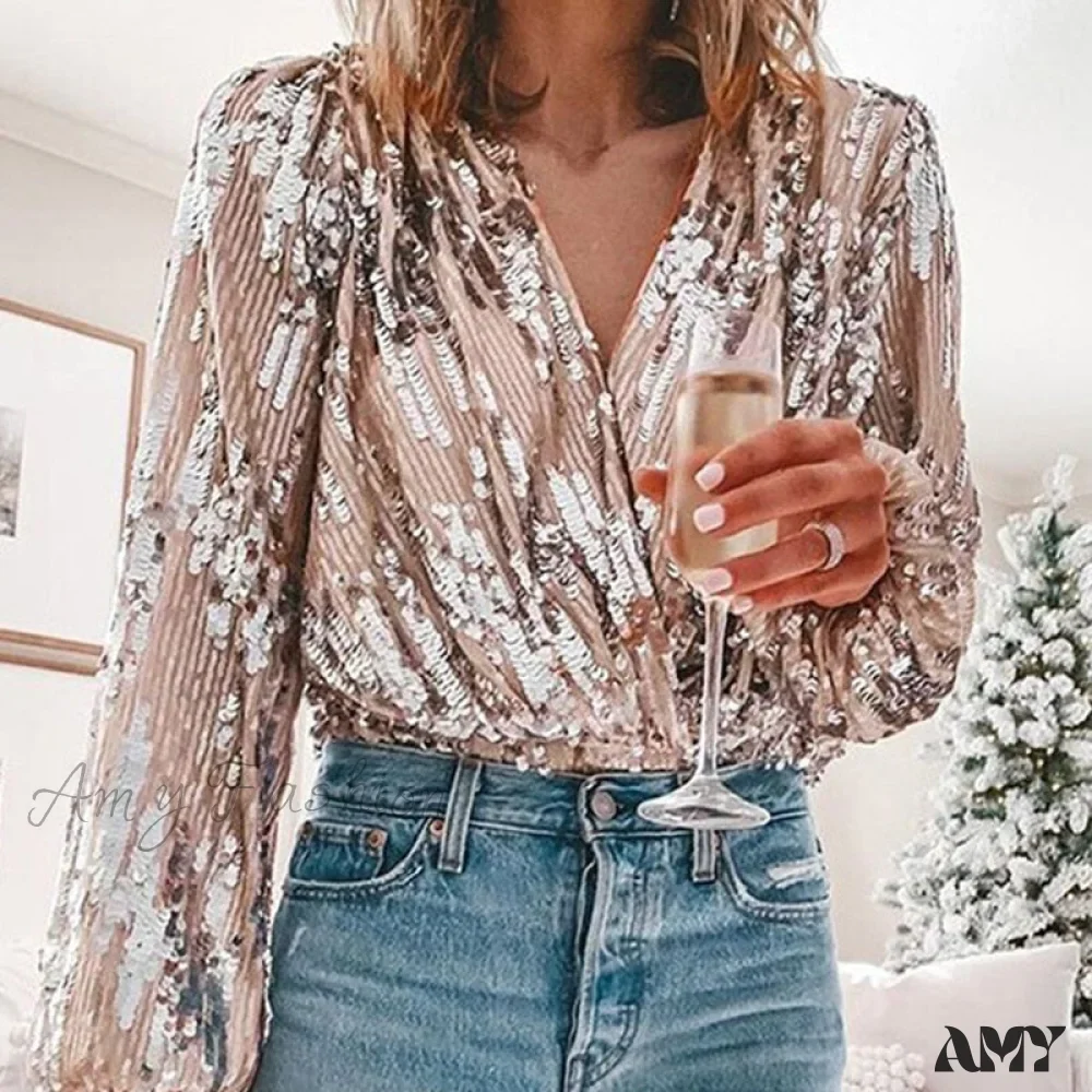Amy Fashion - Sequins V Neck Office Lady Lantern Sleeve Blouse - Image 6