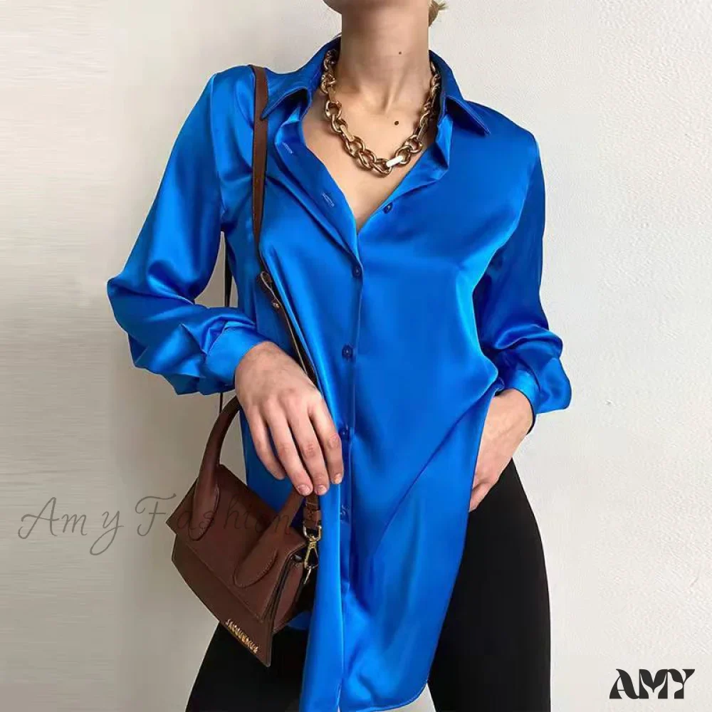 Amy Fashion - Elegant Long Sleeve Green Silk Blouse - Image 4
