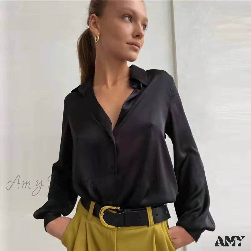 Amy Fashion - Elegant Long Sleeve Green Silk Blouse - Image 5