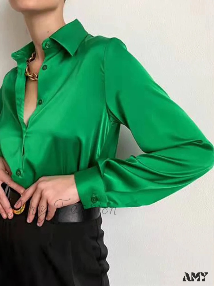Amy Fashion - Elegant Long Sleeve Green Silk Blouse - Image 6