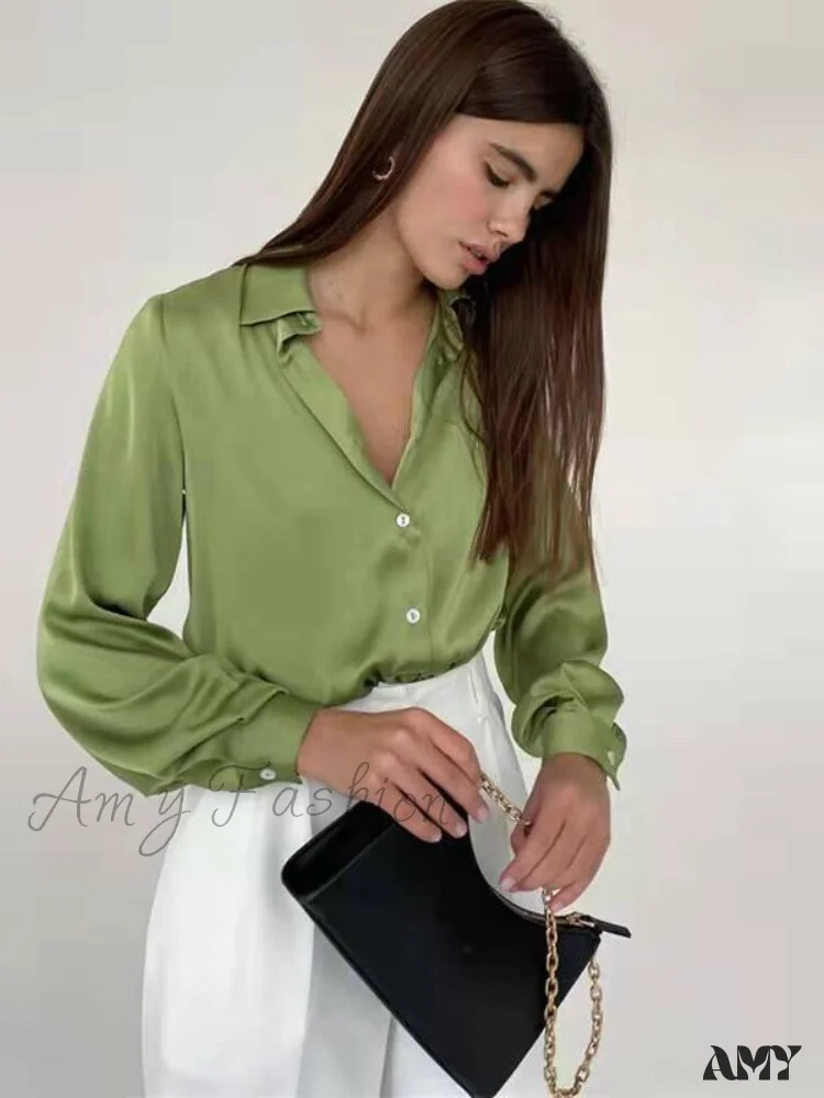 Amy Fashion - Elegant Long Sleeve Green Silk Blouse - Image 8