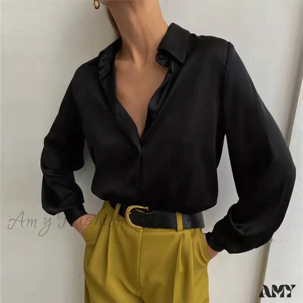 Amy Fashion - Elegant Long Sleeve Green Silk Blouse - Image 9