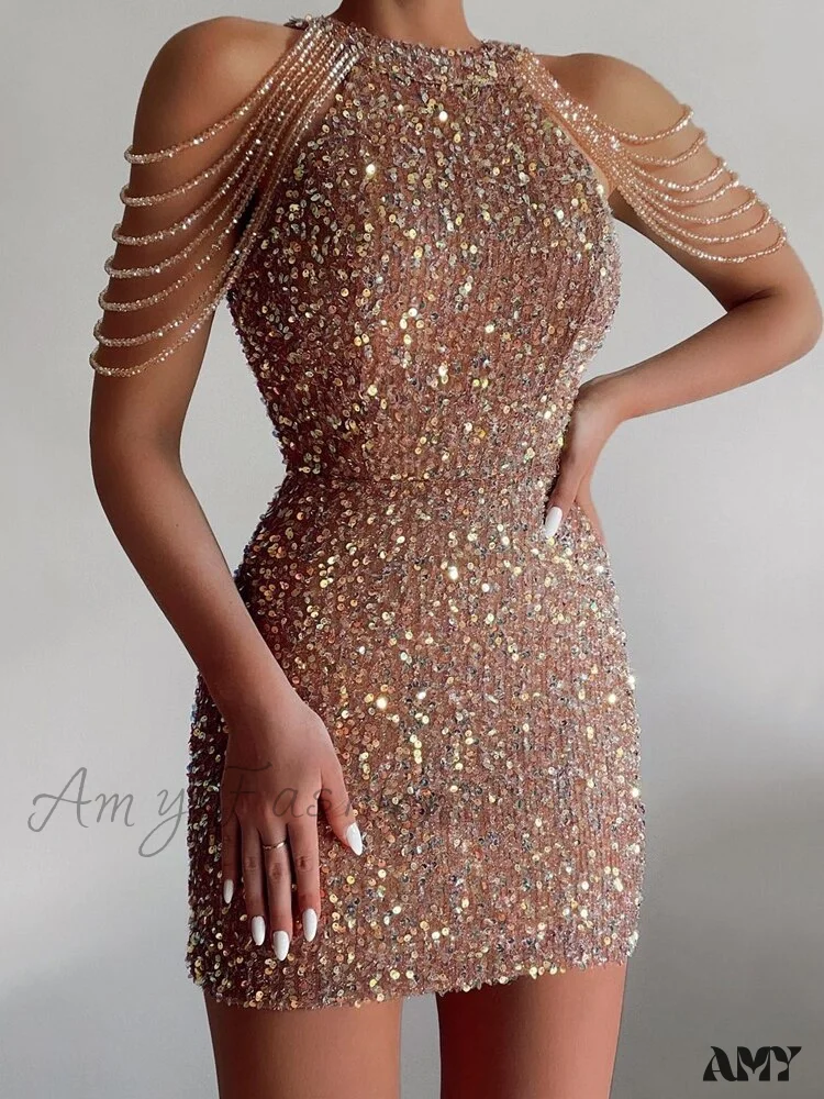Amy Fashion - Sleeveless Off Shoulder Skinny High Waist Halter Chain Sequin Dress - Image 13