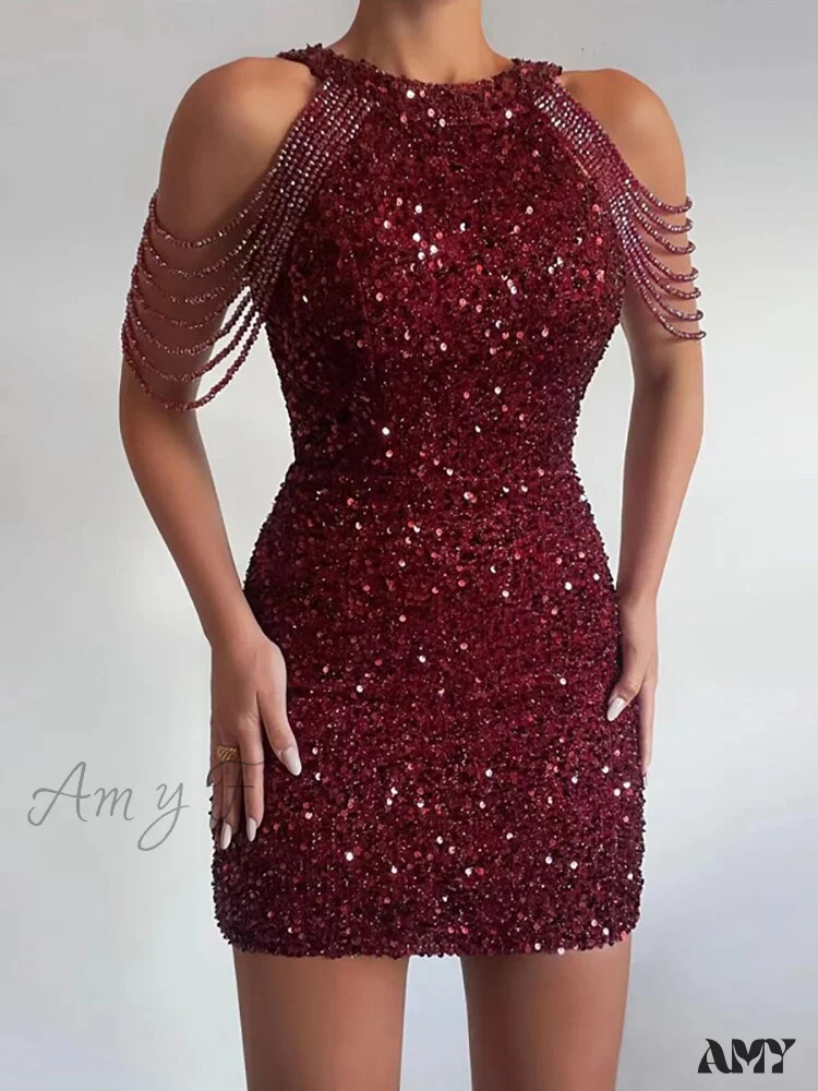 Amy Fashion - Sleeveless Off Shoulder Skinny High Waist Halter Chain Sequin Dress - Image 14