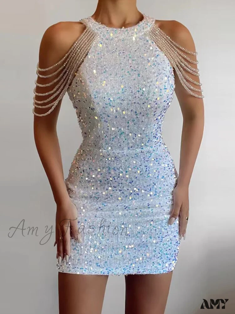 Amy Fashion - Sleeveless Off Shoulder Skinny High Waist Halter Chain Sequin Dress - Image 15