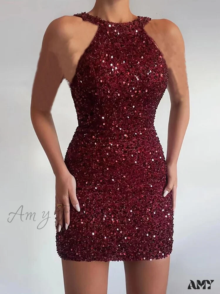 Amy Fashion - Sleeveless Off Shoulder Skinny High Waist Halter Chain Sequin Dress - Image 19