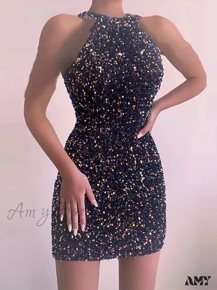 Amy Fashion - Sleeveless Off Shoulder Skinny High Waist Halter Chain Sequin Dress - Image 6