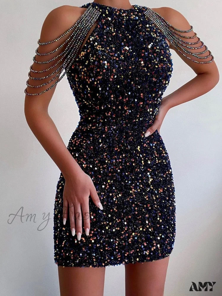 Amy Fashion - Sleeveless Off Shoulder Skinny High Waist Halter Chain Sequin Dress - Image 8