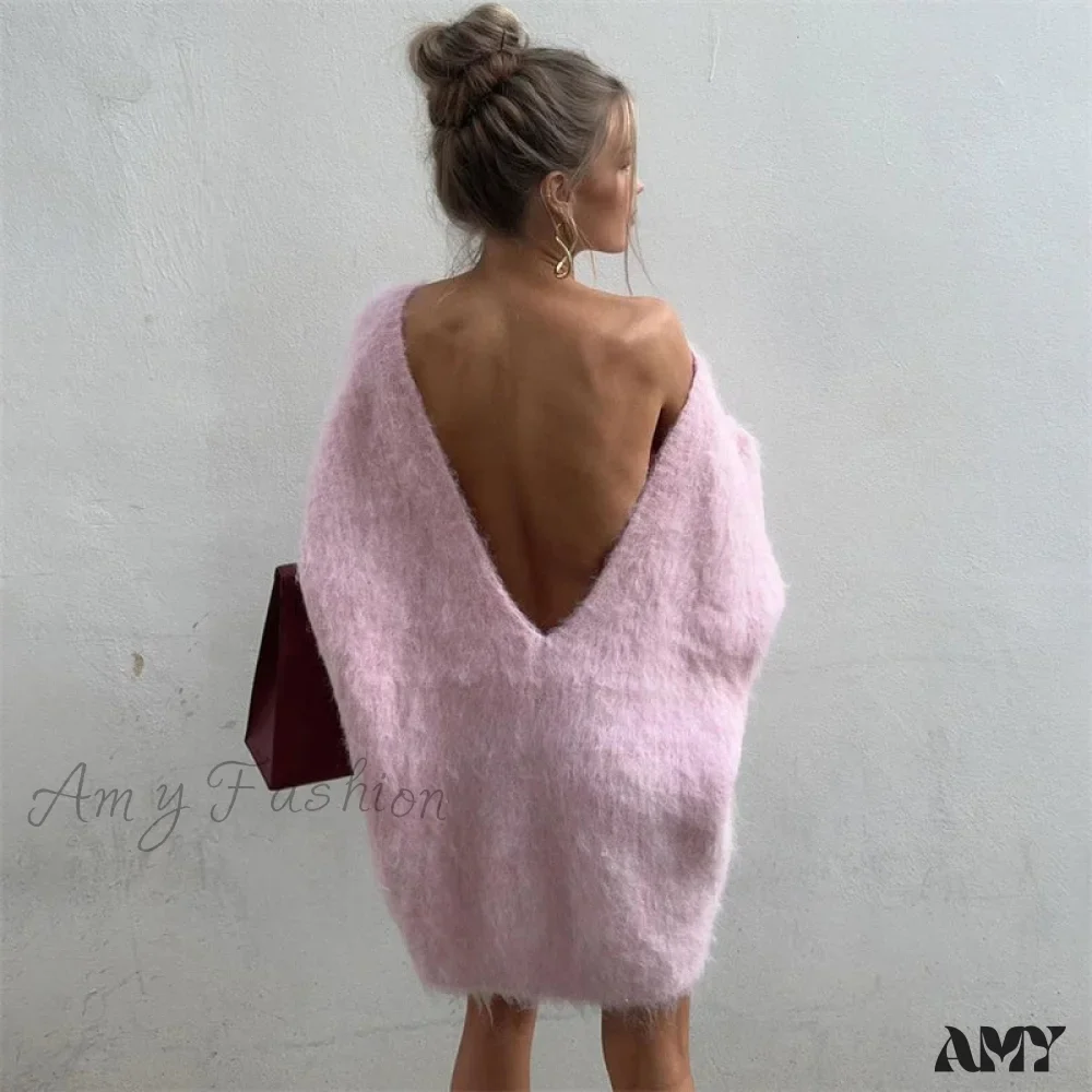2024 Autumn Long Sleeve Sexy Big Backless Knitted Dress Women Fashion Solid Loose Stylish Sweater - Image 2