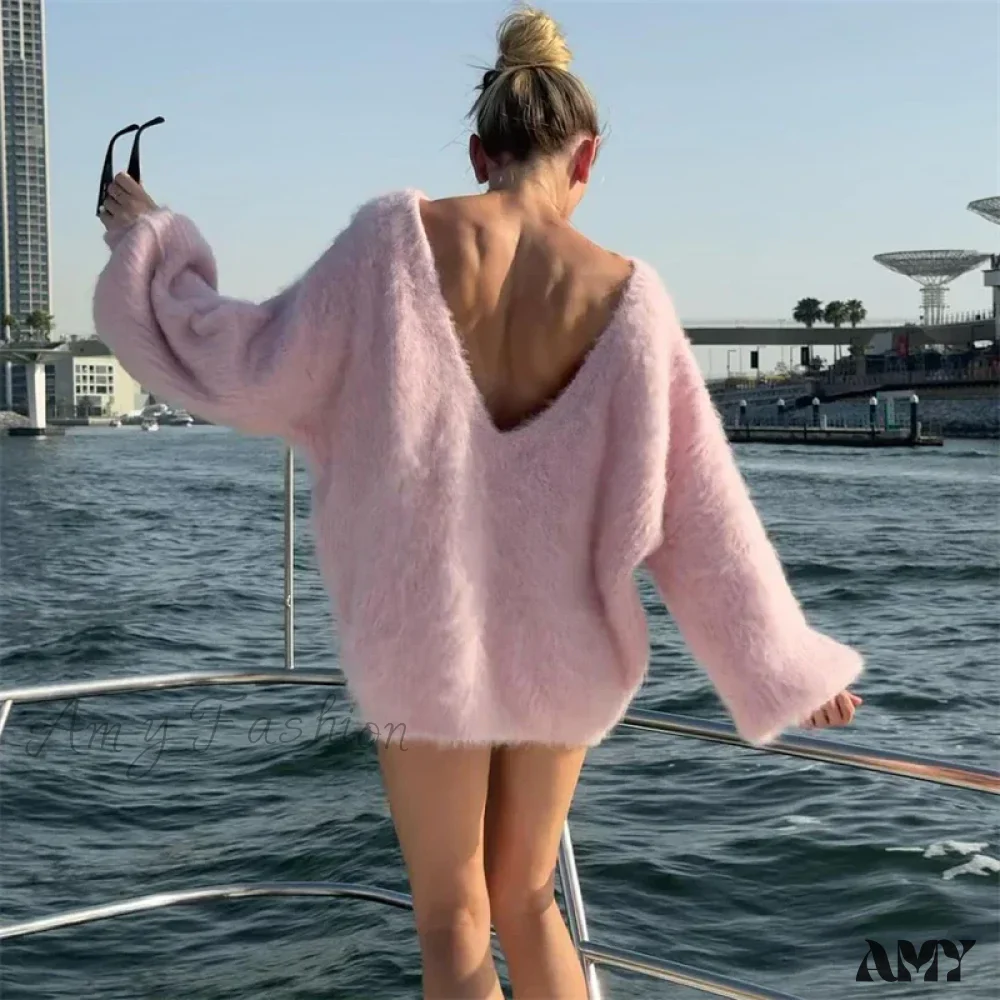 2024 Autumn Long Sleeve Sexy Big Backless Knitted Dress Women Fashion Solid Loose Stylish Sweater - Image 3