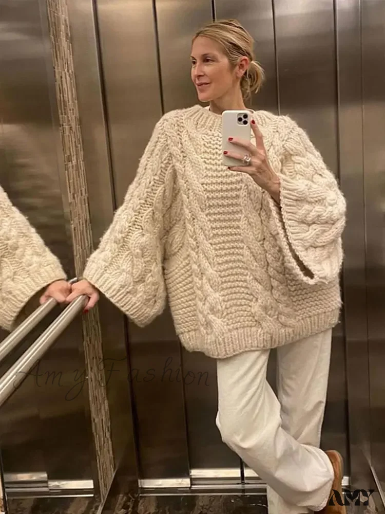 2024 Autumn Winter Oversize Knit Pullover Women Casual Lazy Round Neck Sweater - Image 2