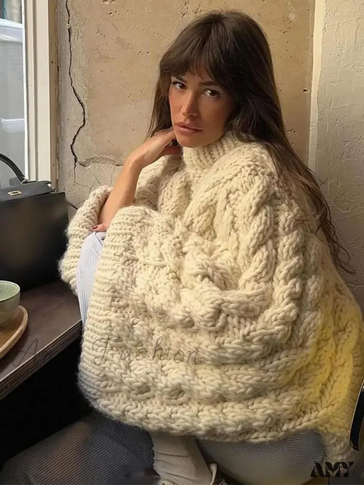 2024 Autumn Winter Oversize Knit Pullover Women Casual Lazy Round Neck Sweater - Image 3