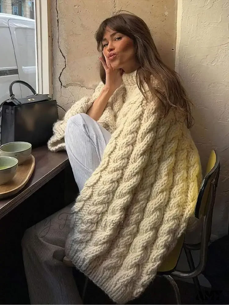 2024 Autumn Winter Oversize Knit Pullover Women Casual Lazy Round Neck Sweater - Image 4