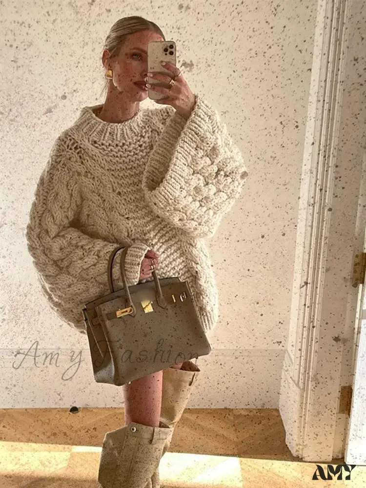 2024 Autumn Winter Oversize Knit Pullover Women Casual Lazy Round Neck Sweater - Image 5