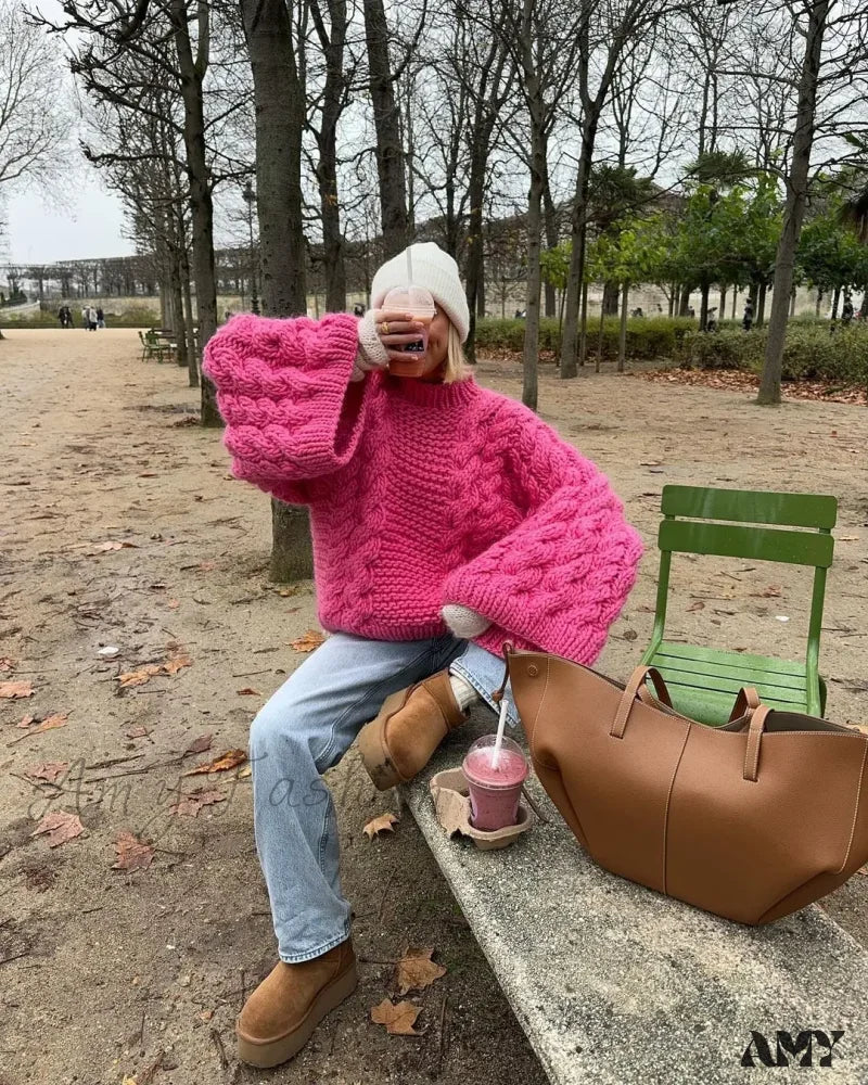 2024 Autumn Winter Oversize Knit Pullover Women Casual Lazy Round Neck Sweater - Image 6