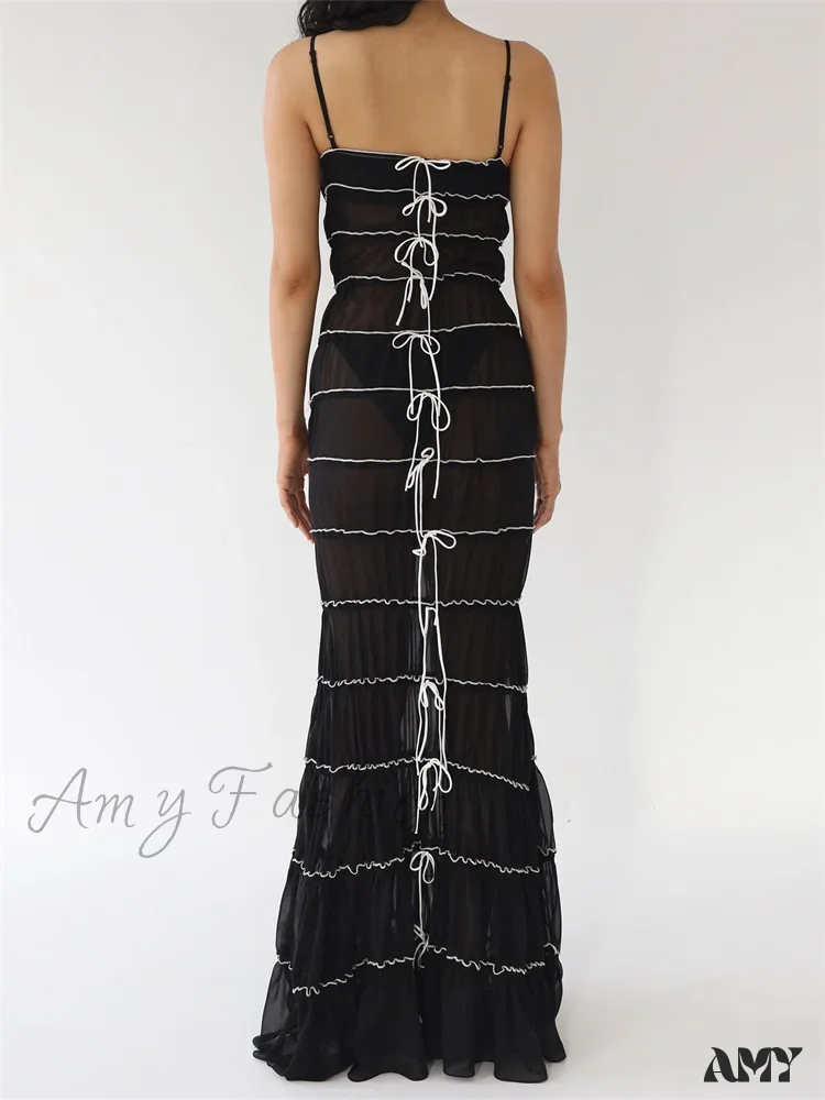 Amy Fashion - Sexy Women Sleeveless Casual Sling Spaghetti Strap See Through Tie-up  Sexy Y2K Party Vestidos - Image 2