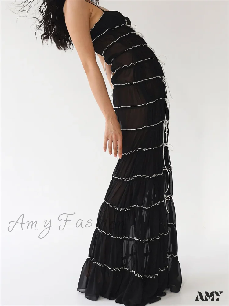 Amy Fashion - Sexy Women Sleeveless Casual Sling Spaghetti Strap See Through Tie-up  Sexy Y2K Party Vestidos - Image 5