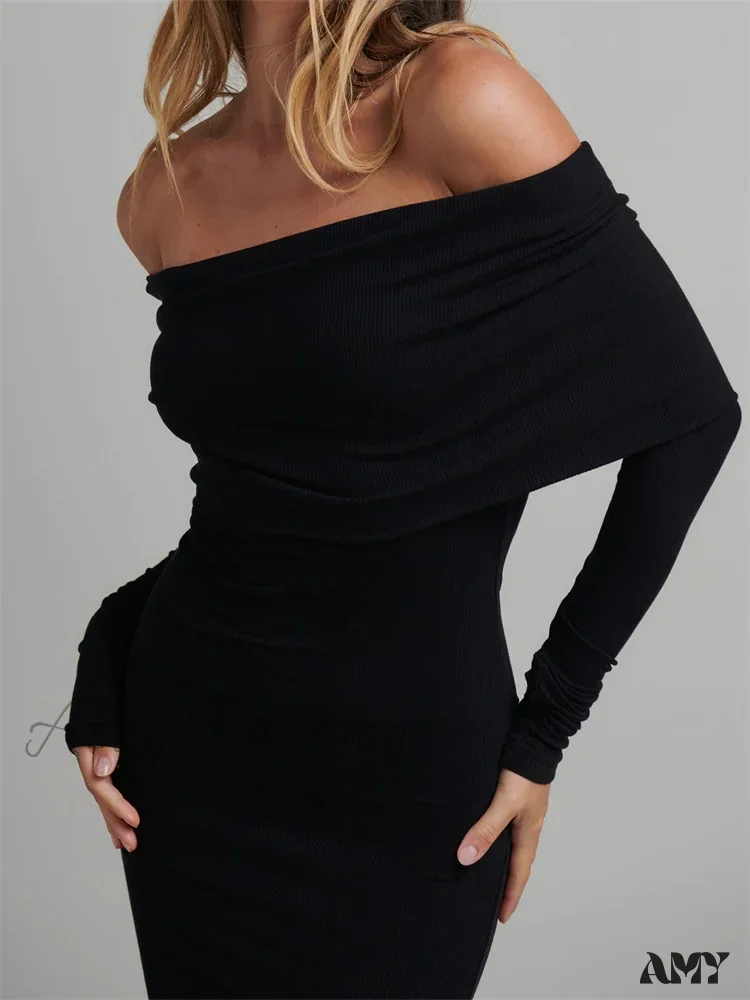 Amy Fashion - Women Slash Neck Off Shoulder Party Formal  Spring Autumn  Sleeve Slim Solid Female Vestidos - Image 2