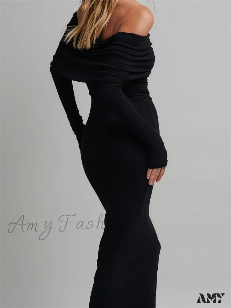 Amy Fashion - Women Slash Neck Off Shoulder Party Formal  Spring Autumn  Sleeve Slim Solid Female Vestidos - Image 3