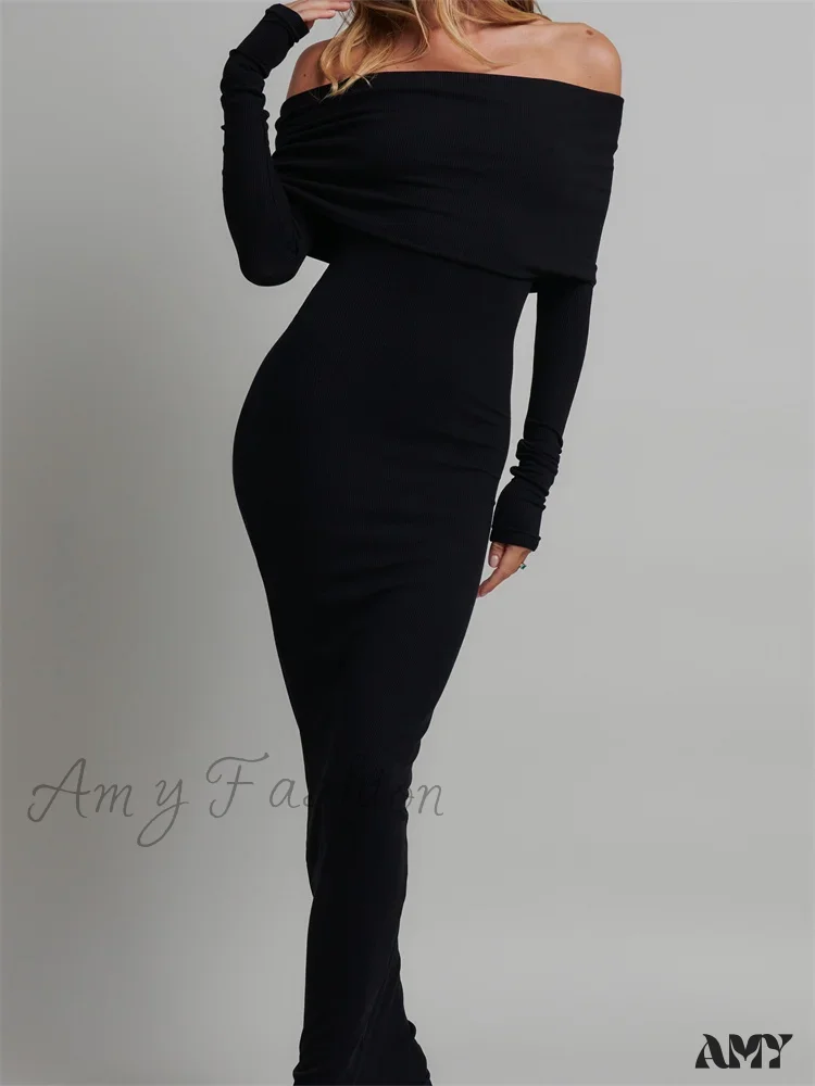 Amy Fashion - Women Slash Neck Off Shoulder Party Formal  Spring Autumn  Sleeve Slim Solid Female Vestidos - Image 4