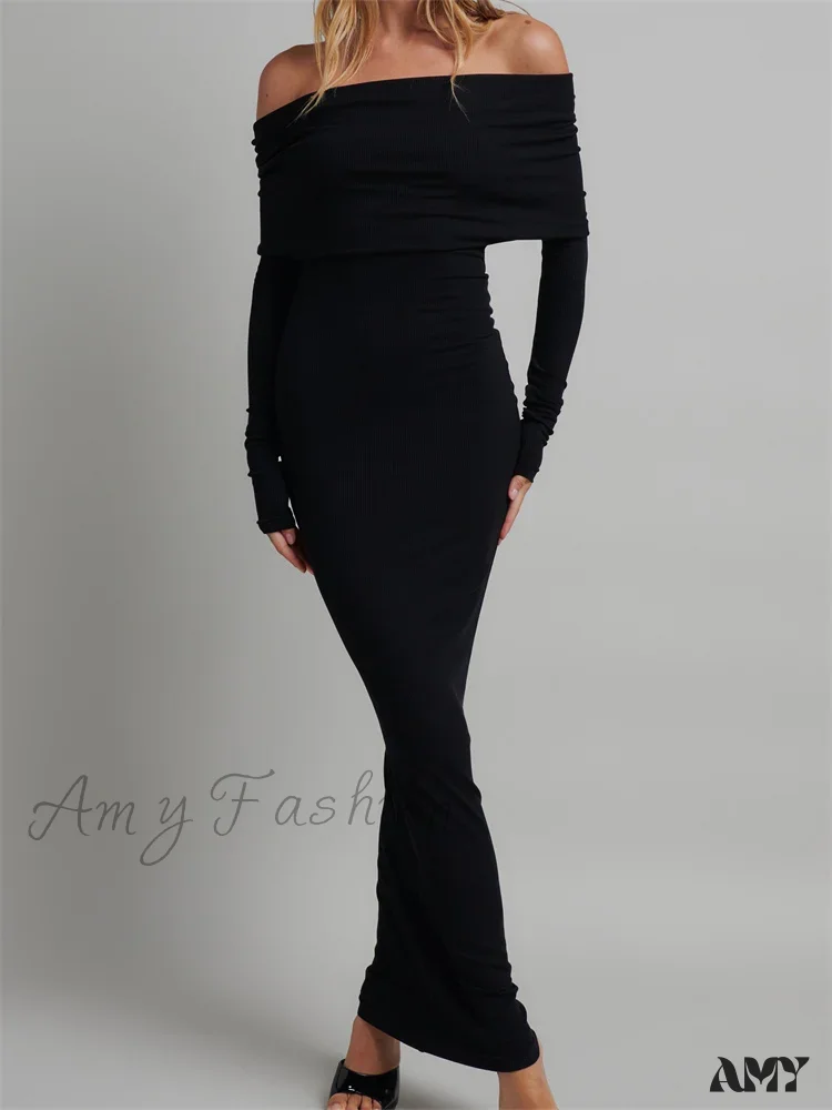 Amy Fashion - Women Slash Neck Off Shoulder Party Formal  Spring Autumn  Sleeve Slim Solid Female Vestidos - Image 5