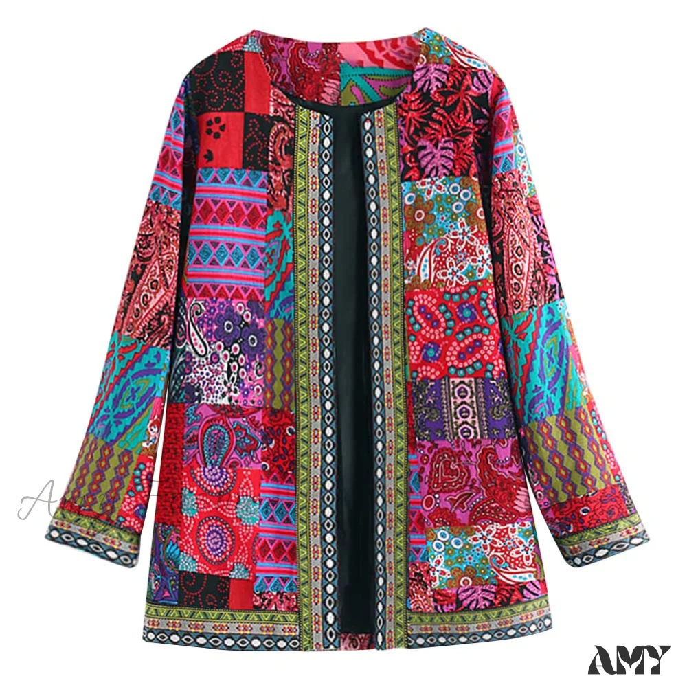 Amy Fashion - Ethnic Floral Print Long Sleeve Loose Coat Cardigan Chic Outerwear - Image 3