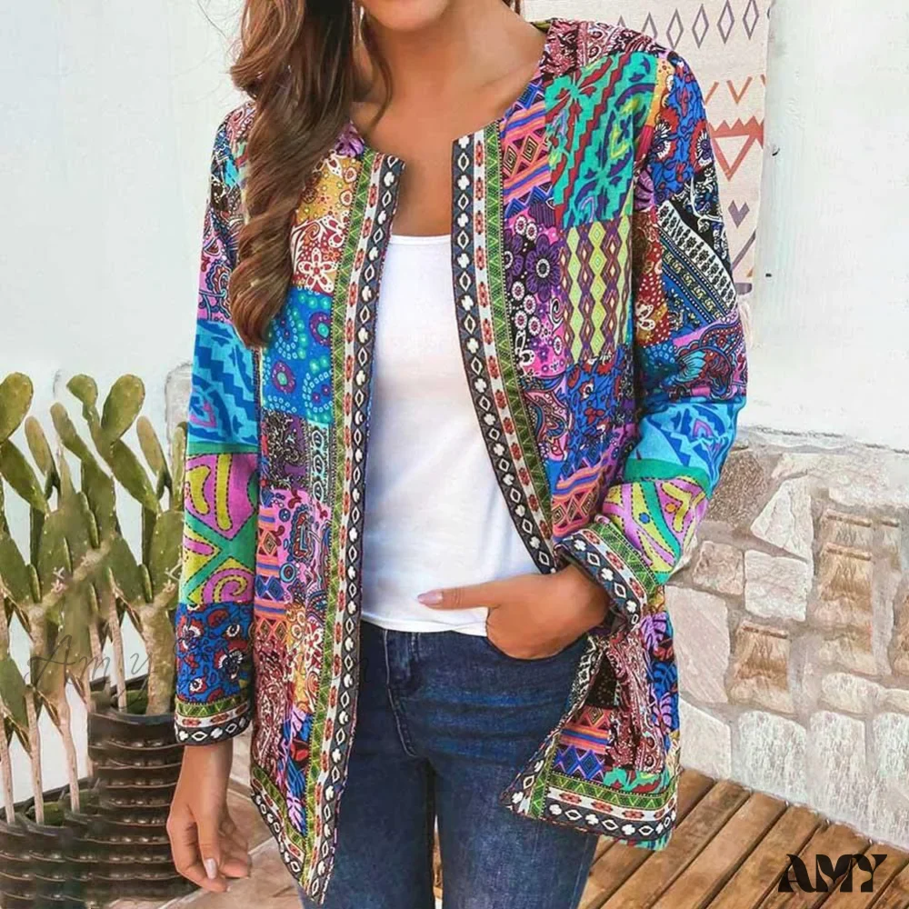 Amy Fashion - Ethnic Floral Print Long Sleeve Loose Coat Cardigan Chic Outerwear - Image 5