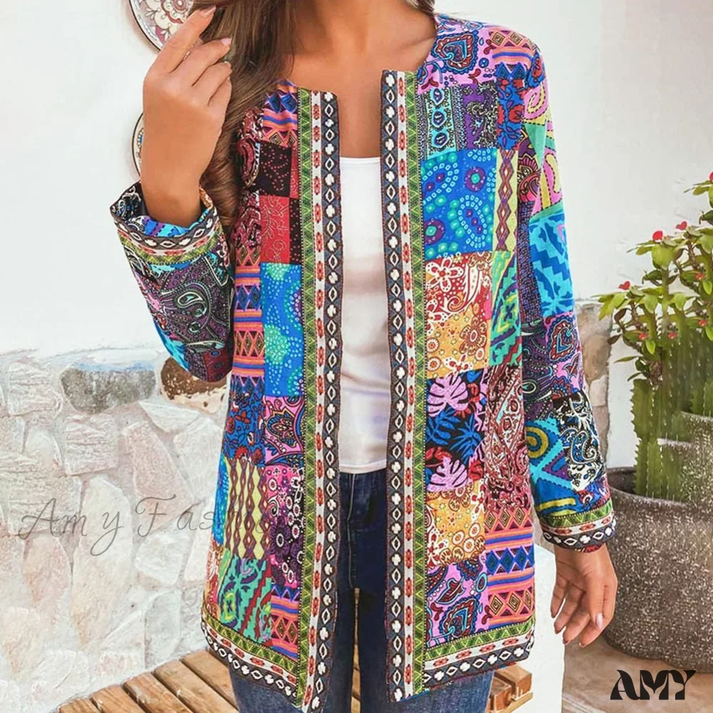 Amy Fashion - Ethnic Floral Print Long Sleeve Loose Coat Cardigan Chic Outerwear - Image 6