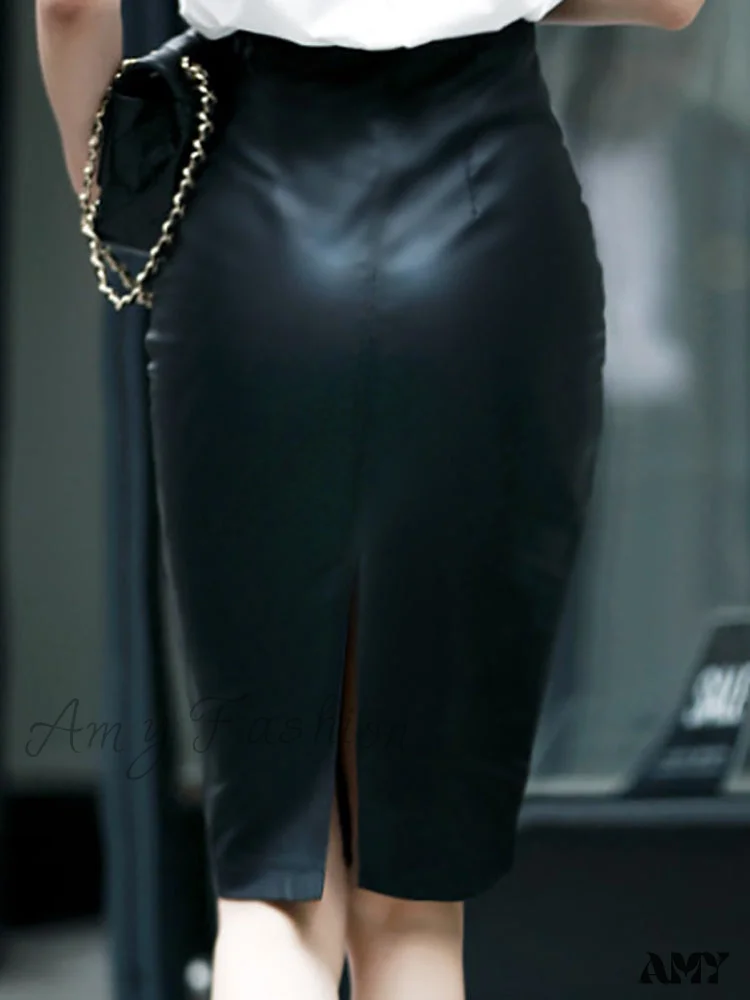 Amy Fashion - Office Lady Black PU Leather Skirt - Image 3
