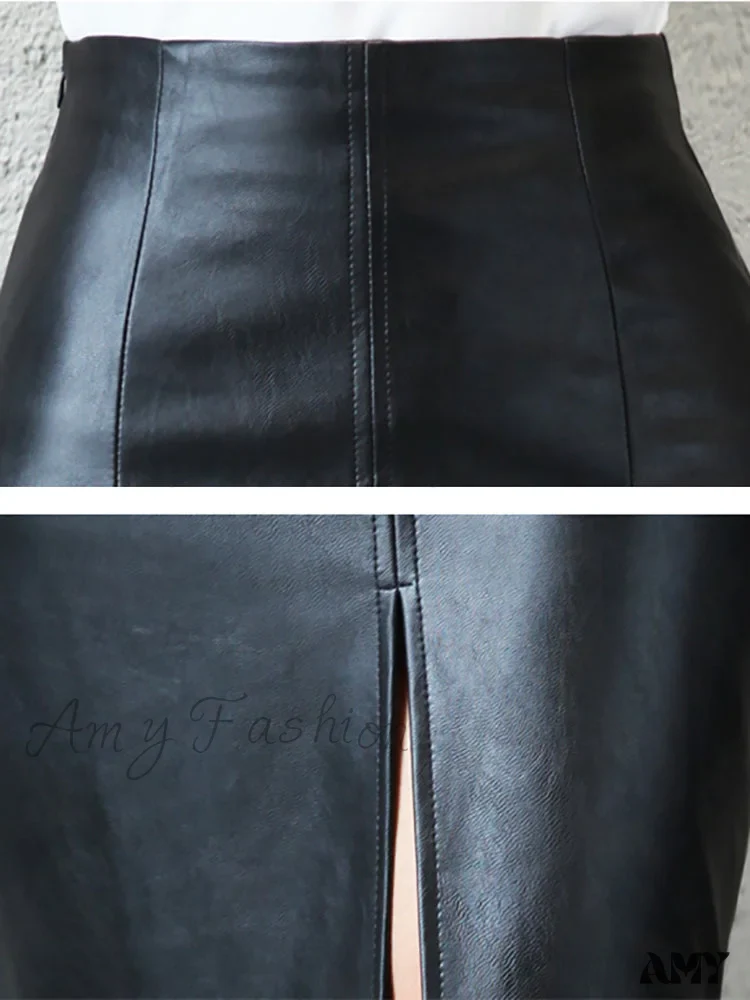 Amy Fashion - Office Lady Black PU Leather Skirt - Image 5