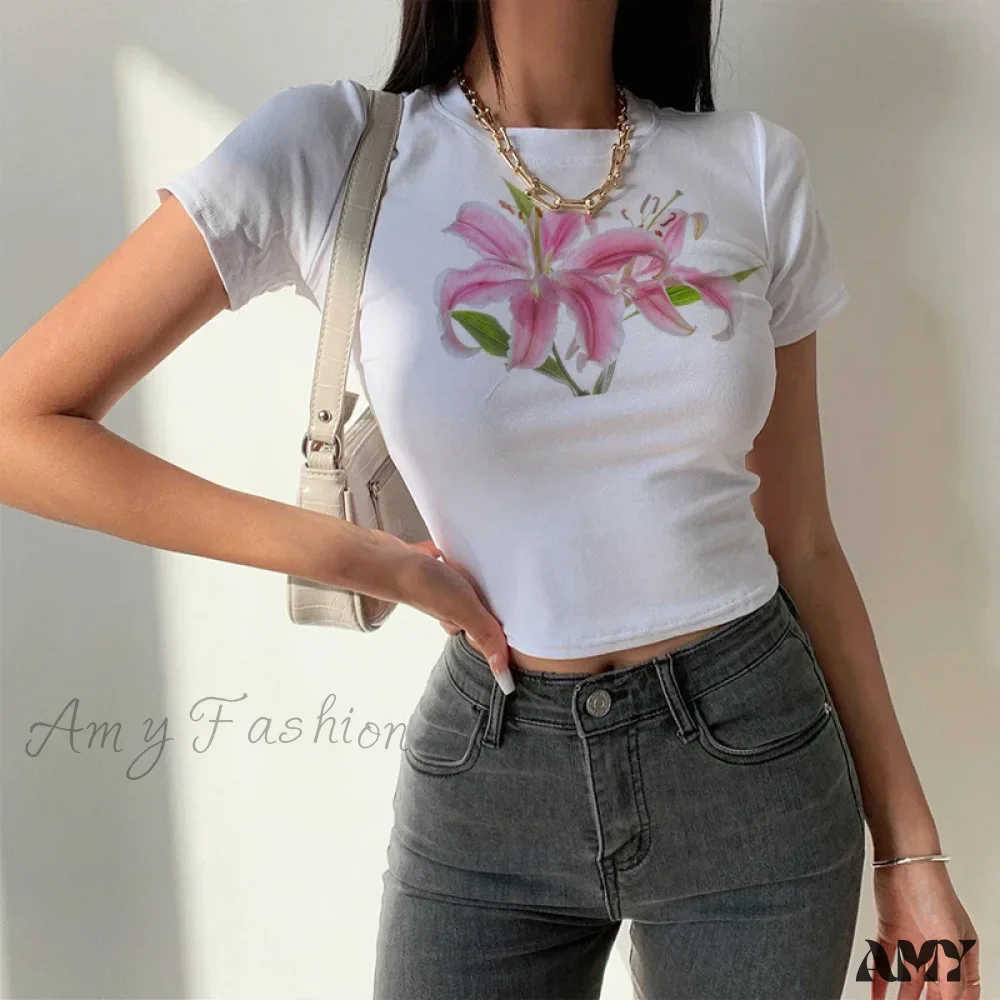 Punk Lily Print Cute Vintage Women's Streetwear Gothic Grunge Emo Baby Tee Crop Top - Image 4