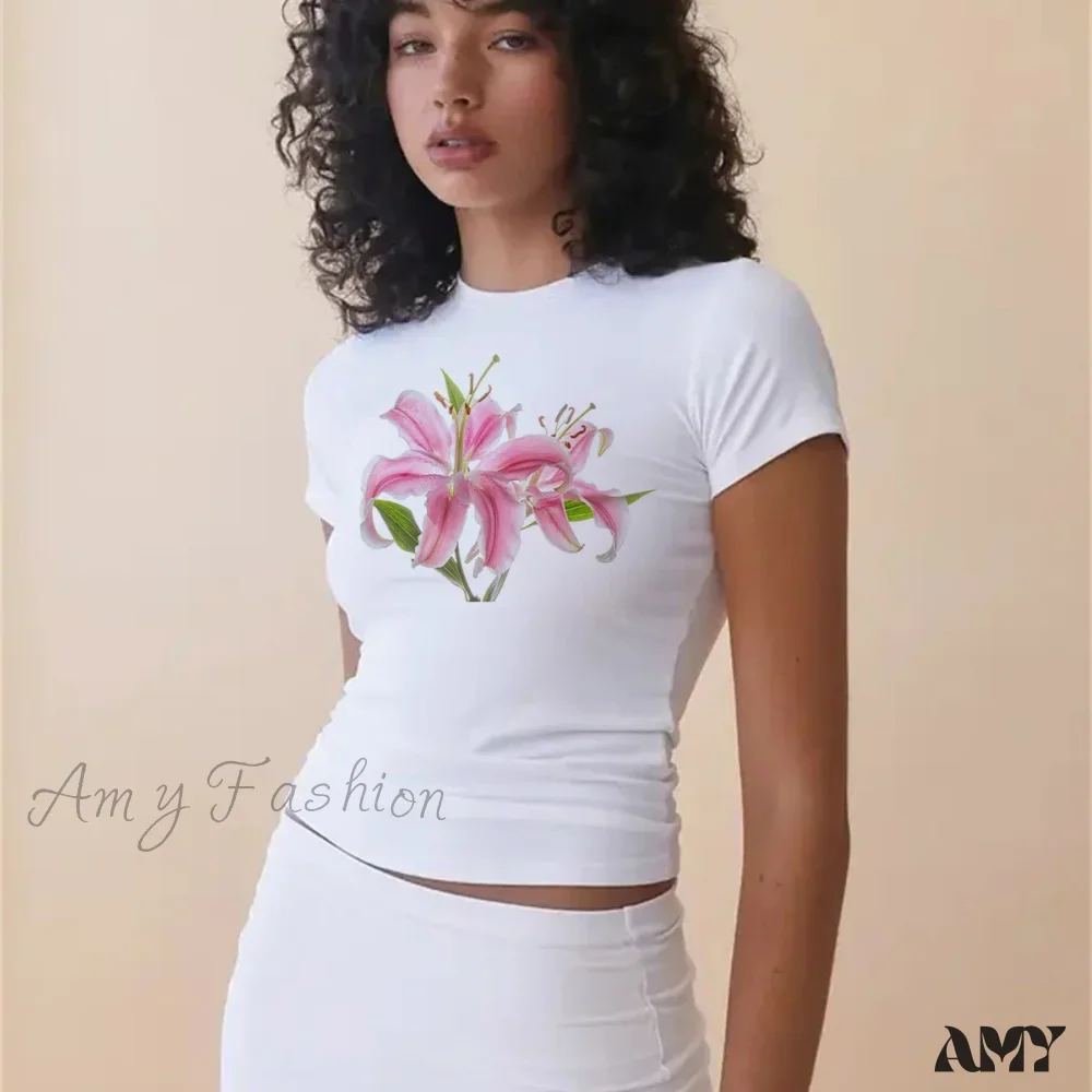 Punk Lily Print Cute Vintage Women's Streetwear Gothic Grunge Emo Baby Tee Crop Top - Image 5