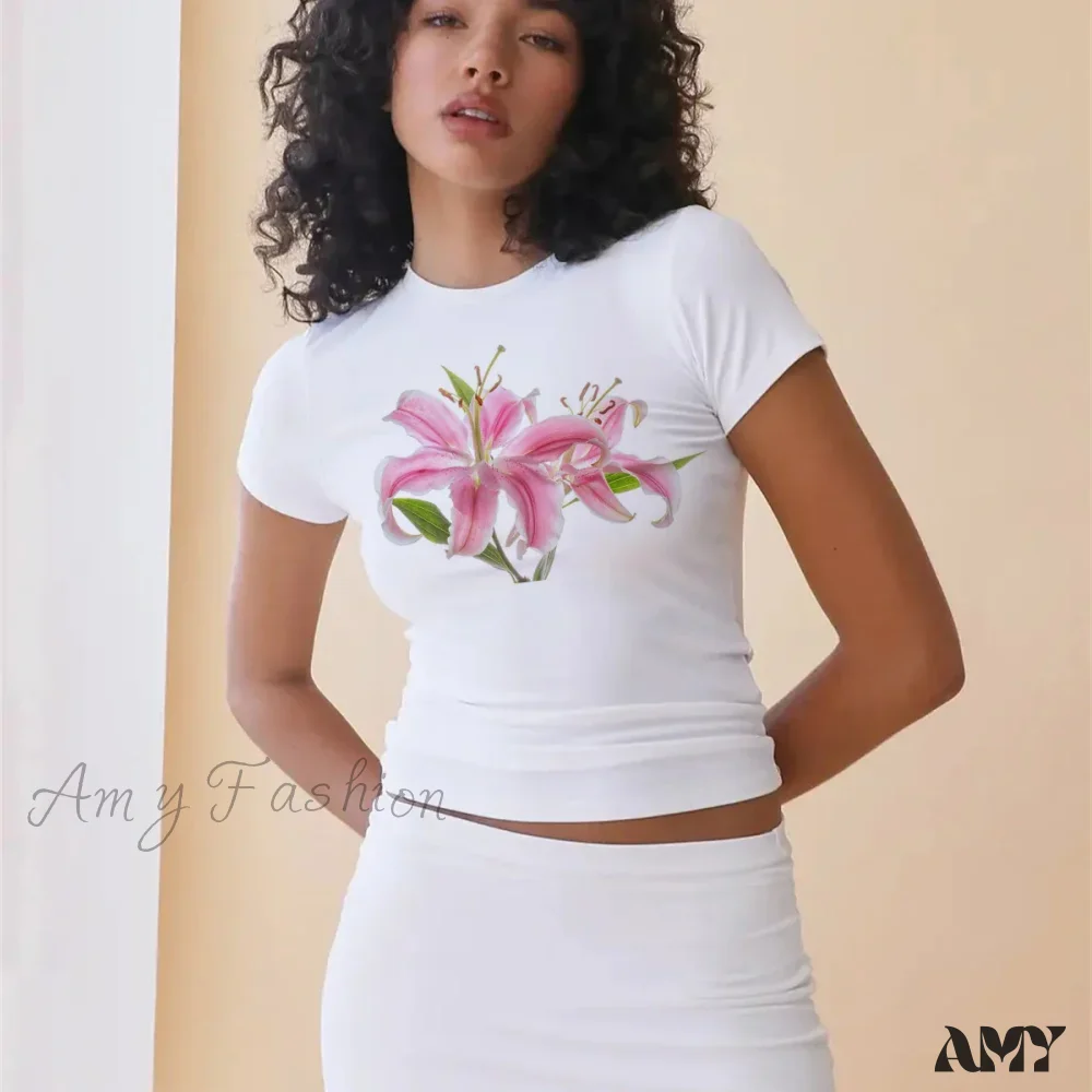 Punk Lily Print Cute Vintage Women's Streetwear Gothic Grunge Emo Baby Tee Crop Top - Image 6