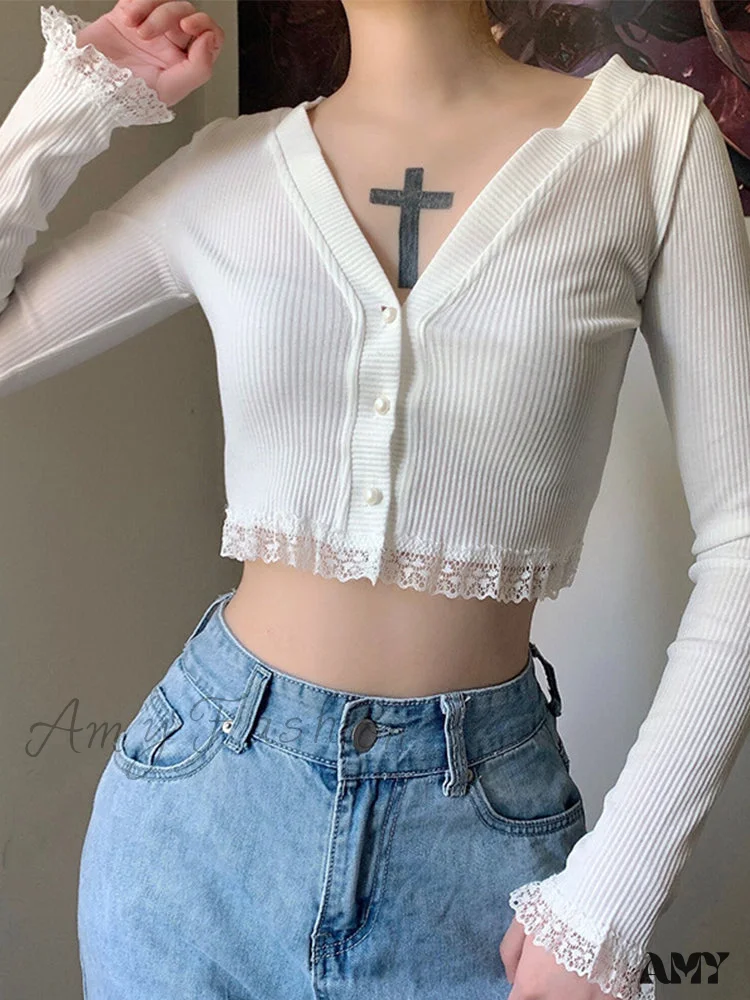 Amy Fashion - Lace Patchwork Knitted Cardigan - Image 3