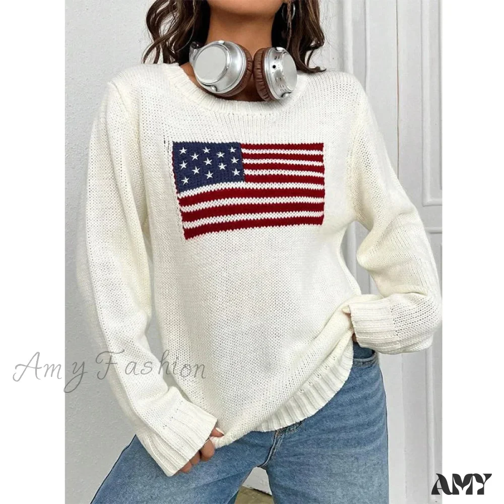 American Flag Embroidery Long Sleeve Crewneck Vintage Loose Sweater - Image 3