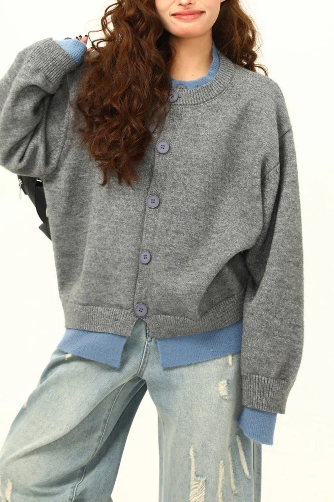 American Retro Fake Two-Piece Solid Cardigan - Image 2