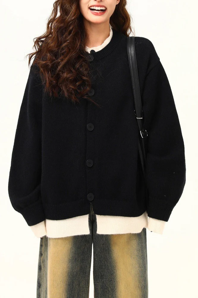 American Retro Fake Two-Piece Solid Cardigan - Image 4
