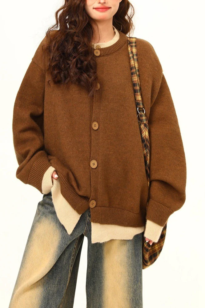 American Retro Fake Two-Piece Solid Cardigan - Image 6