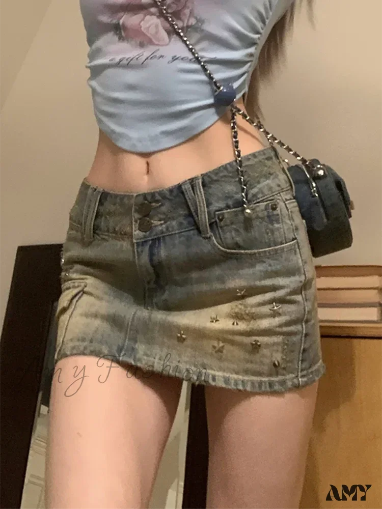 American Retro Rivet Pockets Denim Summer High Waist Vintage Fashion A-Line Skirt - Image 2