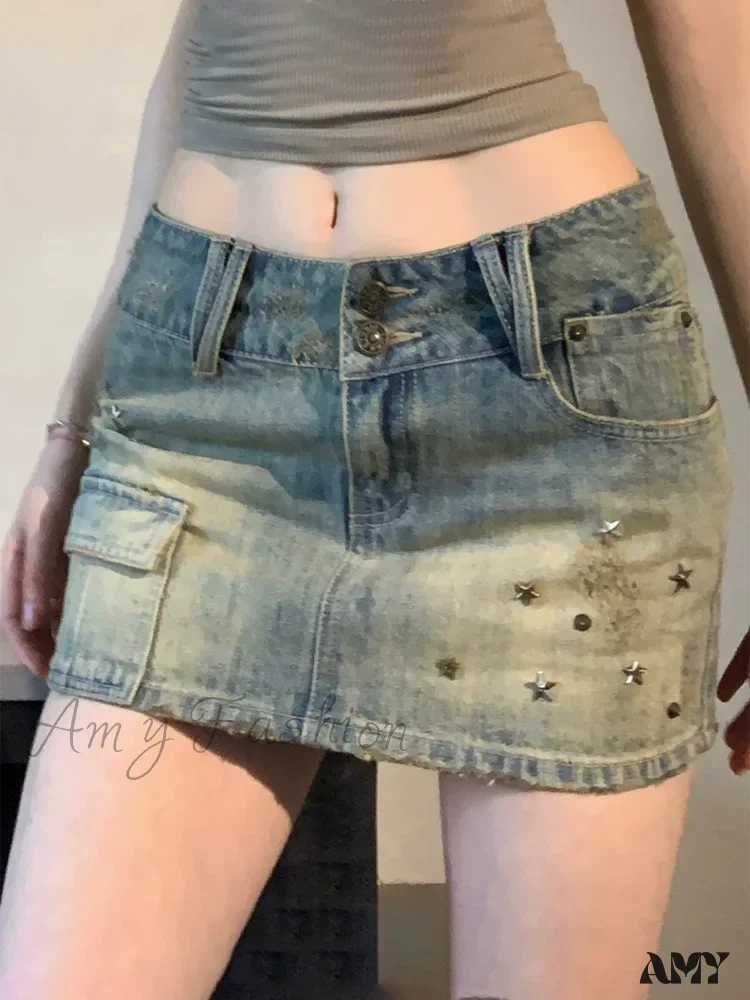 American Retro Rivet Pockets Denim Summer High Waist Vintage Fashion A-Line Skirt - Image 4