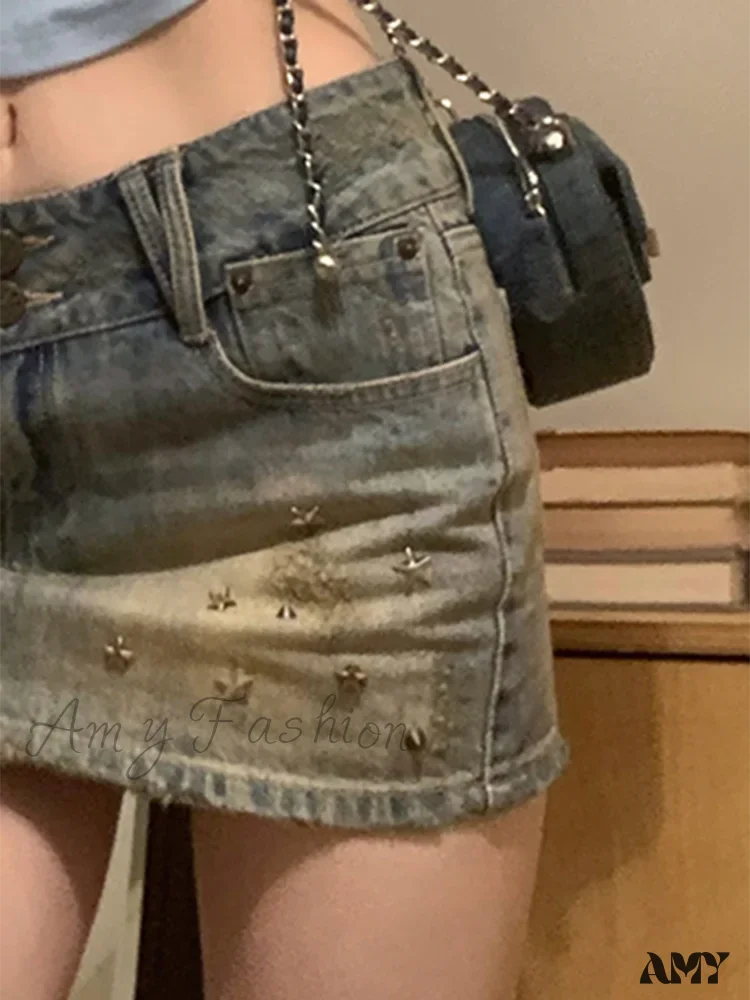 American Retro Rivet Pockets Denim Summer High Waist Vintage Fashion A-Line Skirt - Image 6