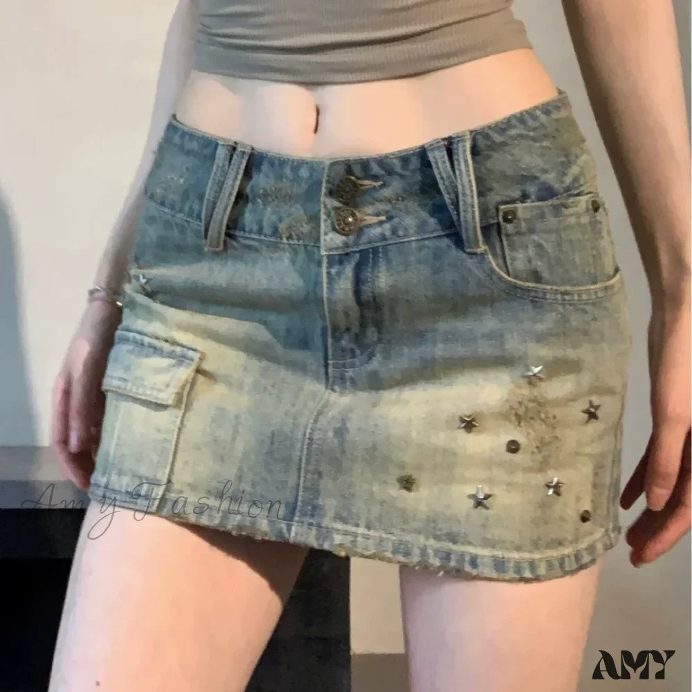 American Retro Rivet Pockets Denim Summer High Waist Vintage Fashion A-Line Skirt - Image 7