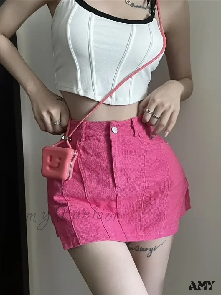 Amy Fashion - American Retro Spicy Girl Super Short Anti Glare Solid Color Pleated Low Waisted A-line Jean - Image 2