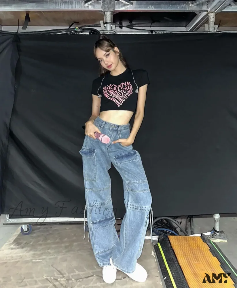 Amy Fashion - 2024 Autumn New Fashionable Women's Cargo European and American Style Retro Y2K Pocket Loose Overalls Jean - Image 2