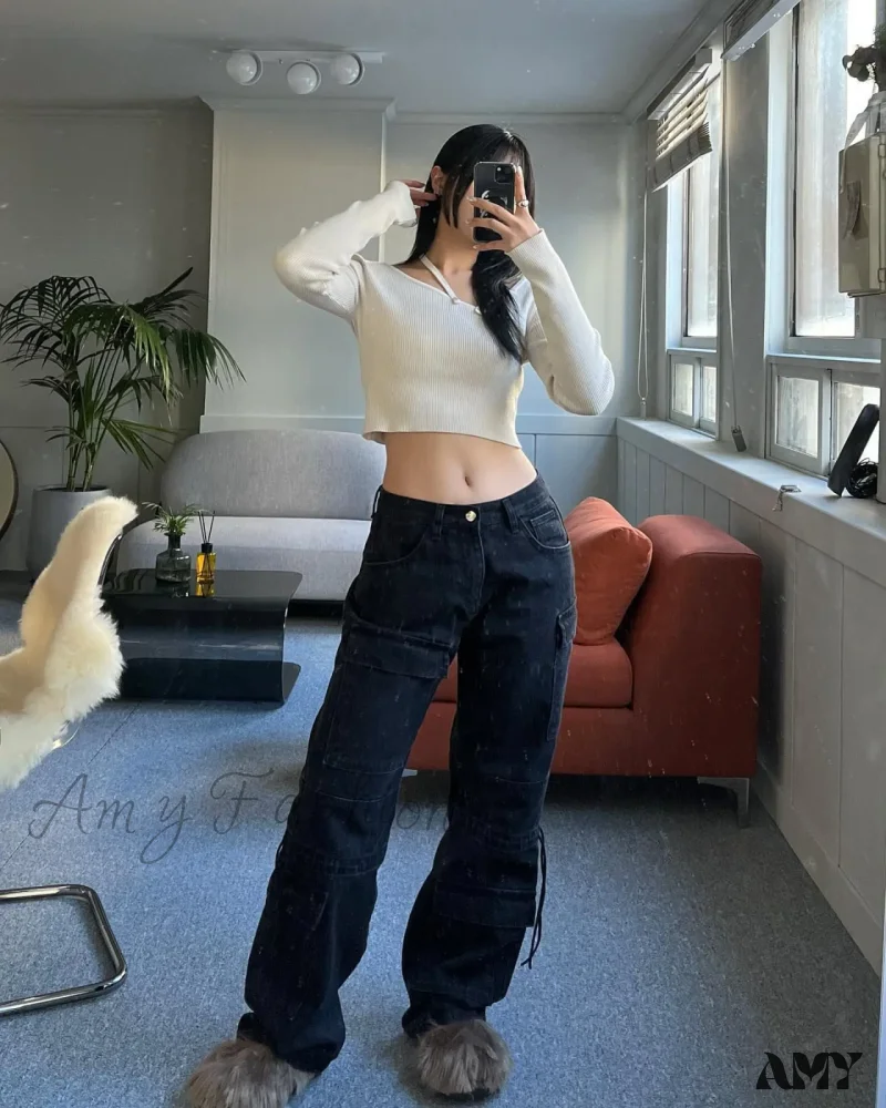 Amy Fashion - 2024 Autumn New Fashionable Women's Cargo European and American Style Retro Y2K Pocket Loose Overalls Jean - Image 3