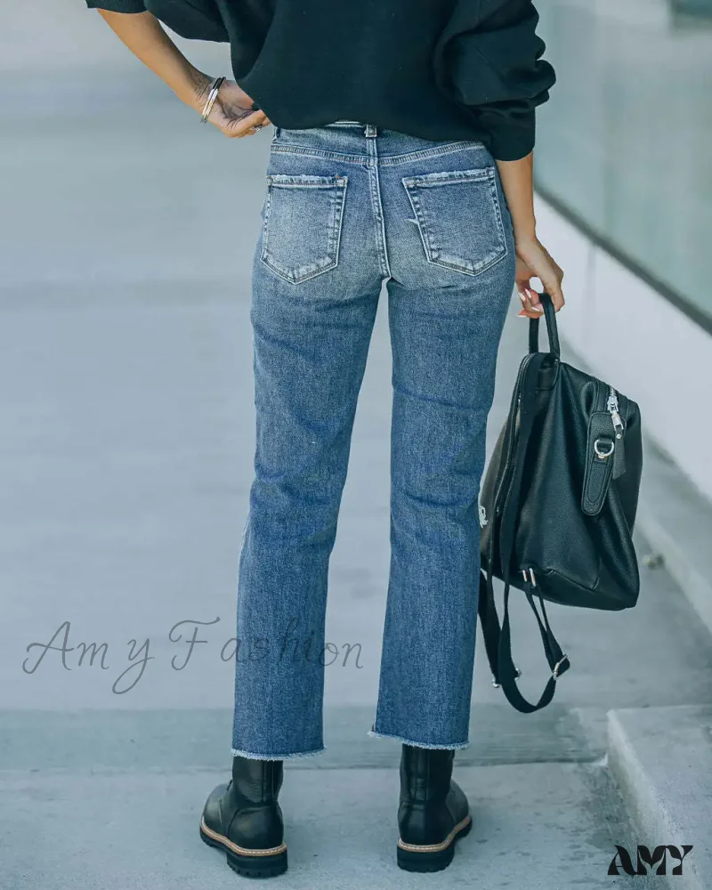 Amy Fashion - 2024 Blue New Hole Straight Women's All-Match High Waist Casual Ladies Washed Jean - Image 2