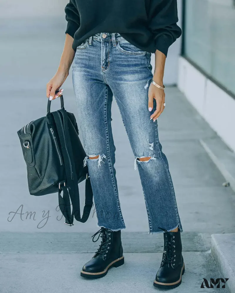 Amy Fashion - 2024 Blue New Hole Straight Women's All-Match High Waist Casual Ladies Washed Jean - Image 3